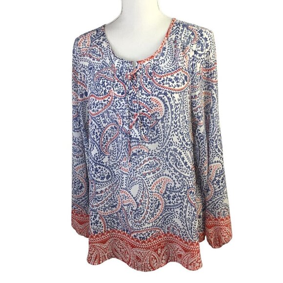 Tops - Ariat Blouse Paisley Size Medium Blue Red Long Sleeve Loose Semi Sheer Tunic